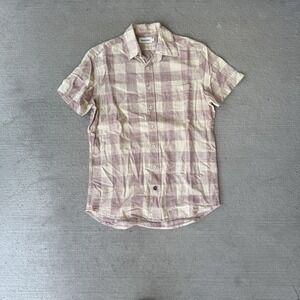 Taylor Stitch Men's Short Sleeve Button Up Shirt Size 36 Red Beige Check Linen